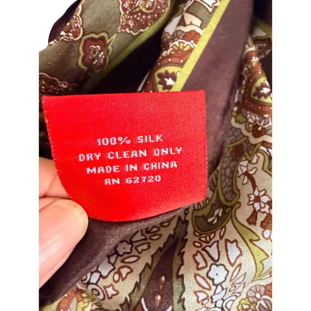 Vintage 70s Oscar de la Renta Silk Scarf Brown Olive Paisley 11x54 Oblong